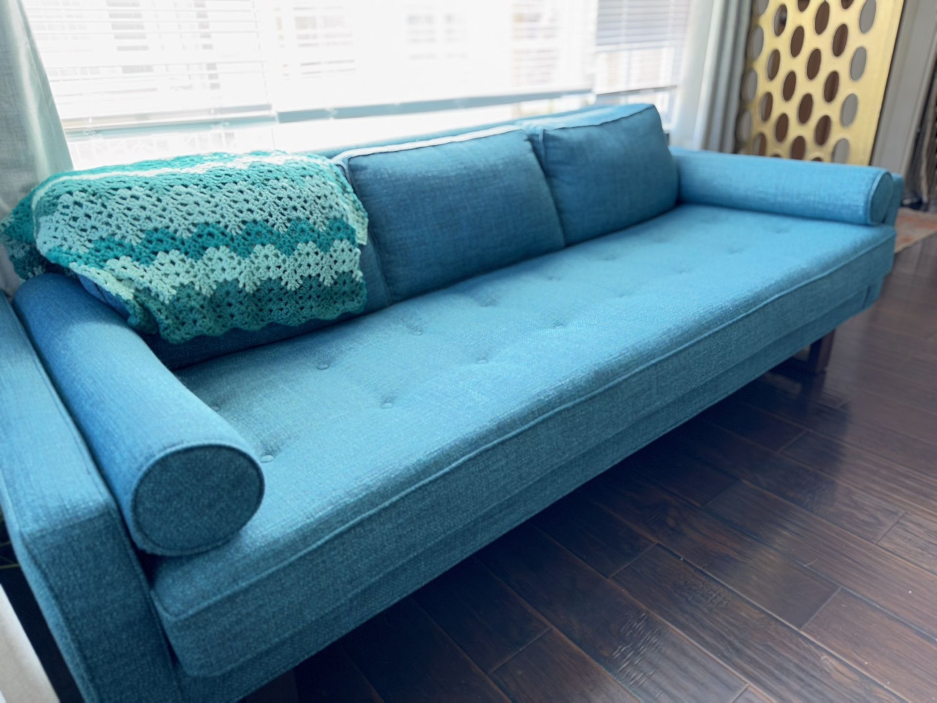 Comfy + Large Mid Century Modern MCM vintage (style) sofa couch (new) tufted turquoise tweed