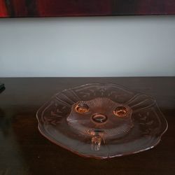 Lancaster Glass Company - Pink depression glass three-footed serving plate with scalloped edge and ribbed center, Lancaster Glass Company
