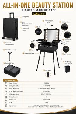 All-In-One Rolling Makeup Vanity Station with LED Lights & Bluetooth Speakers - Brand New