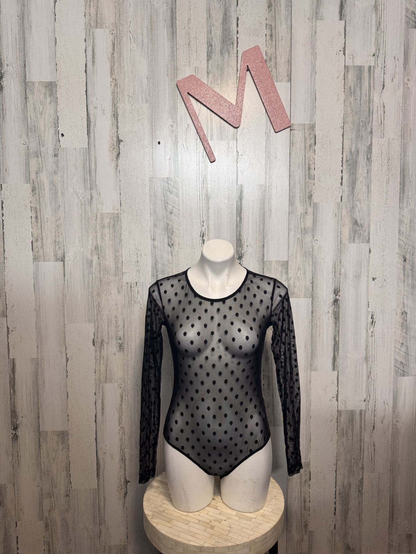 KATE YOUNG Black Mesh Bodysuit Flocked Dot Sheer Fashion Long Sleeve bodysuit Ne