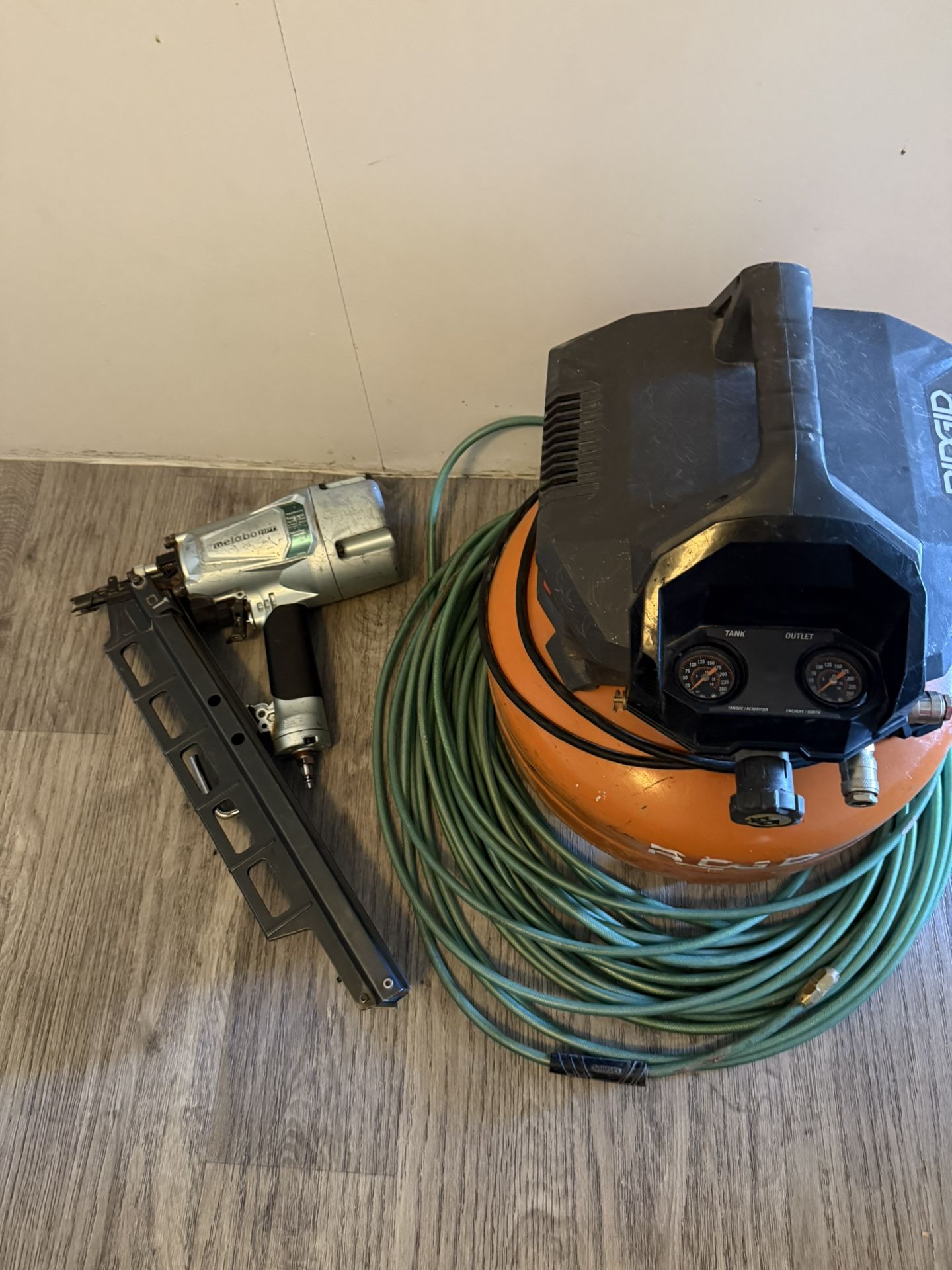 Metabo nail gun, air compressor(ridgid)hose(husky)
