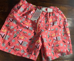 NEW Boys Broken Threads pink polyester swim shorts , with multicolored geometric shapes, size S