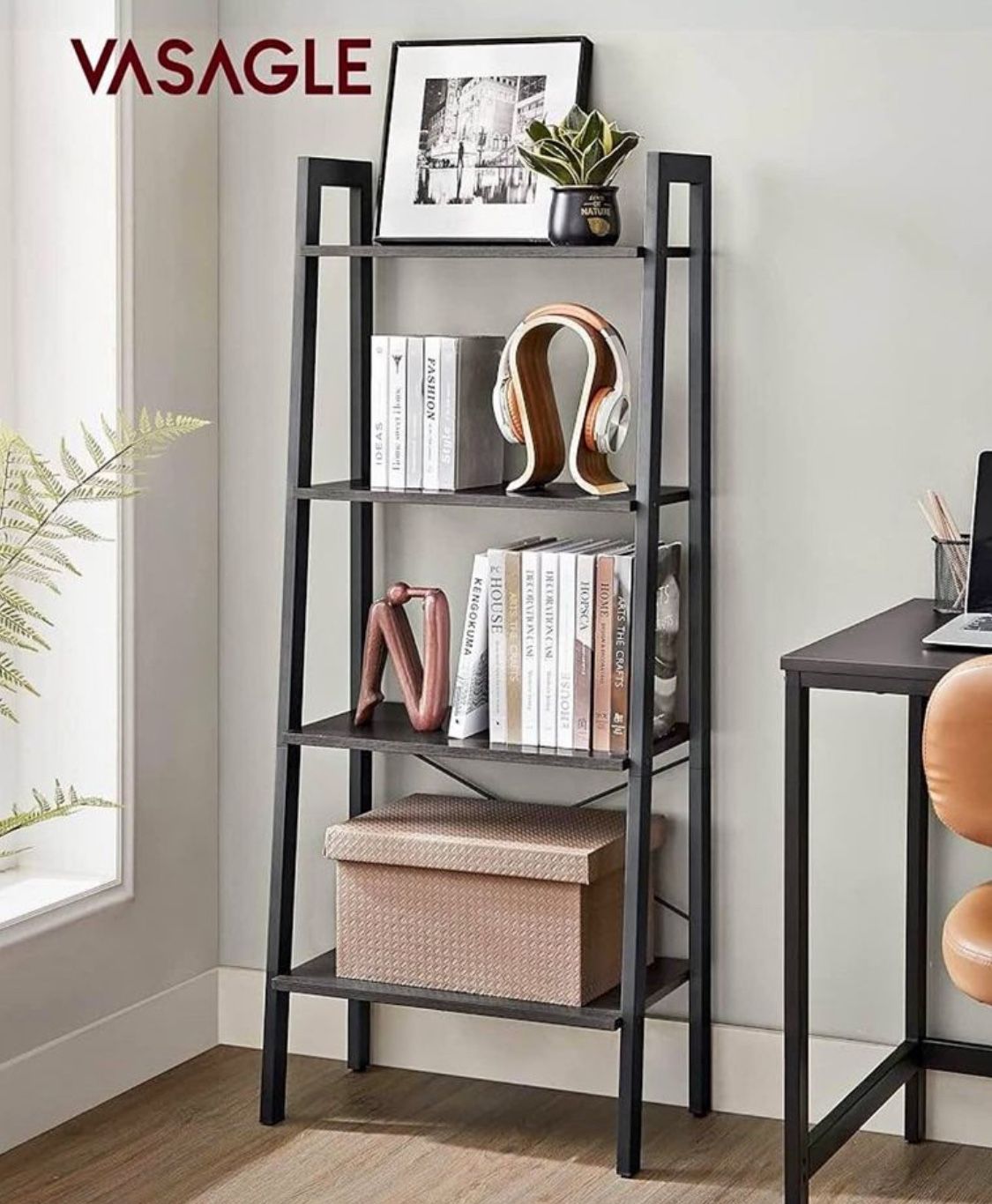 Ladder Shelf, 4-Tier Bookshelf, Storage Rack, Bookcase with Steel Frame, for Living Room, Home Office, Kitchen, Bedroom, Industrial