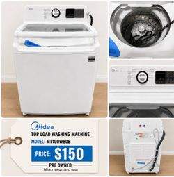 Pre-owned white Midea top load washing machine model MT100W80B.