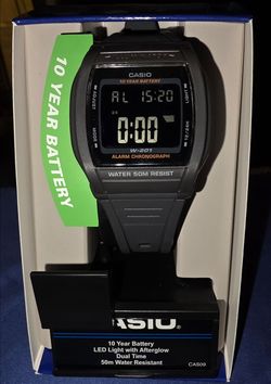 Casio W-201 Digital Watch Black Resin Strap LED Light Alarm Chrono 50m