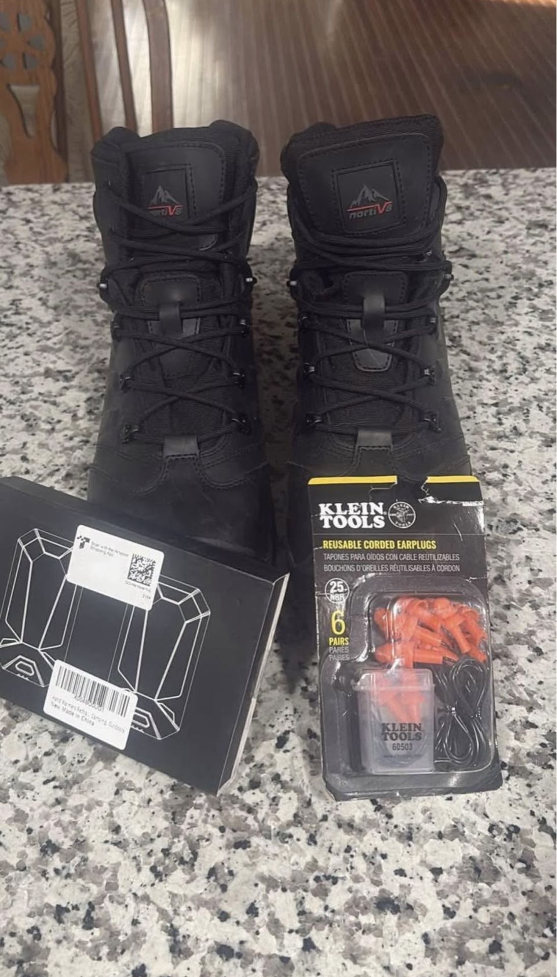 Steel Toe Boots and hand warmers and Klein Tools Earplugs