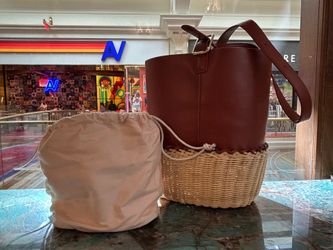 Women’s Brown/Natural Woven Bucket Shoulder Bag Drawstring, Gold Hardware Dust