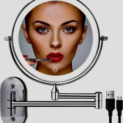 Rechargeable Wall Mounted Lighted Makeup Vanity Mirror 8 Inch Double Sided 1X 10X Magnifying Bathroom Mirror, 3 Color Lighting, Touch Screen Dimming, 