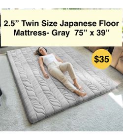 2.5" Twin Size Japanese Floor Mattress- Gray , 75" x 39", Thicken Roll Up Tatami Mat 100% Cotton Washable Cover, Portable & Fo