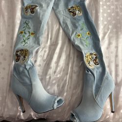 Light Wash Denim Knee High Heels 