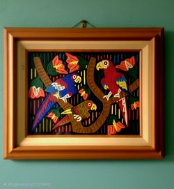 Vintage Framed artwork features a Mola, a traditional hand-crafted textile art