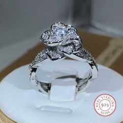 Flowery 925 Sterling Silver Cz Engagement Ring 