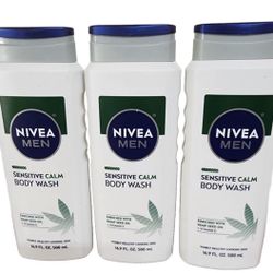 NIVEA MEN Sensitive Calm Body Wash with Vitamin E and Hemp Seed Oil, 3 Pack of 16.9 Fl Oz Bottles