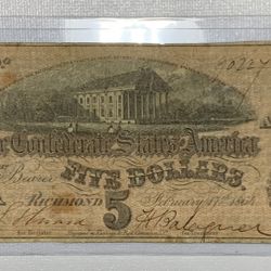 ~1864 Confederate States of America $5 Five Dollars - Civil War Note