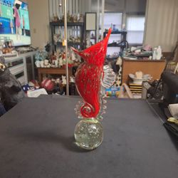 Murano Style Hand Blown Art Glass Ruby Red Seahorse Mounted On Clear Controlled Bubbles (Bullicante) Glass Orb Base, Gold Dust Aventurine Suspended In
