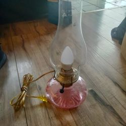 Depression Glass Pink Oil Hurricane Lamp With Electric Light Bulb Adapter