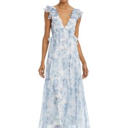 AQUA Blue Floral Ruffle Trim Maxi Dress - XS- NEW