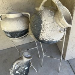 Set of 3 Rustic Stoneware Pottery Vessels w/ Metal Pedestals Stands