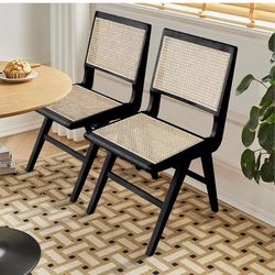 Rattan Chair Set of 2, Cane Dining Chair with Cane Back & Wood Base, Mid Century Modern Chair for Living Room, Kitchen, Dining Room, Yard, Study Room,