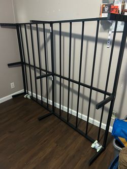 Full mattress and metal frame with gray sheets included
