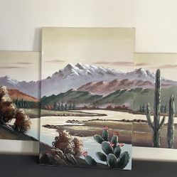 Unique Multi-Canvas Desert Scene Original Signed Painting 48”X24”!