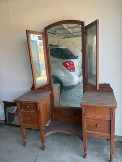 Antique Wood Vanity Dresser with Tri-Fold Mirror