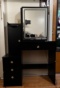 Black Vanity Desk with LED Mirror and Drawers