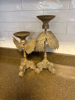 Gold Angel Wing Pillar Candleholder Set of 2