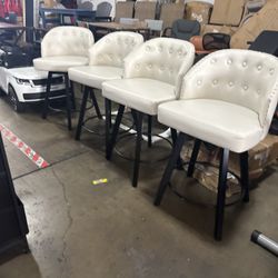 Set de 4 $300   Arturo 26 in.White Faux Leather Upholstered Swivel Bar Stool with Metal Frame Nailhead Counter Height Barstool