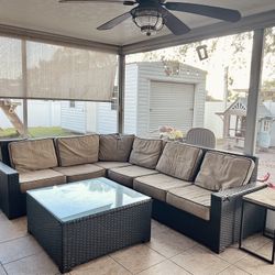 Outdoor Wicker Sectional Patio Set + Glass Coffee Table