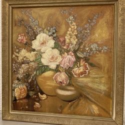 Vintage Beautiful Floral Wall Art , Print On Board With Beautiful Cold Frame 26”x 27.50”   If you see it here , it is available  Local pick up or ship