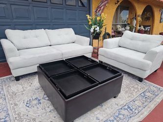 ✨ Beautiful Light Blue Suede Sofa & Loveseat Set + Storage Ottoman Included | Deep Cleaned ✨