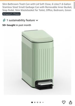 Slim 1.6 Gallon Green Stainless Steel Bathroom Trash Can with Soft Close Lid (has a very small dent)