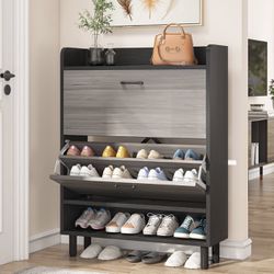JW0434 2-Tier Shoe Cabinet Shoe Organizer with Flip Doors & Open Shelves