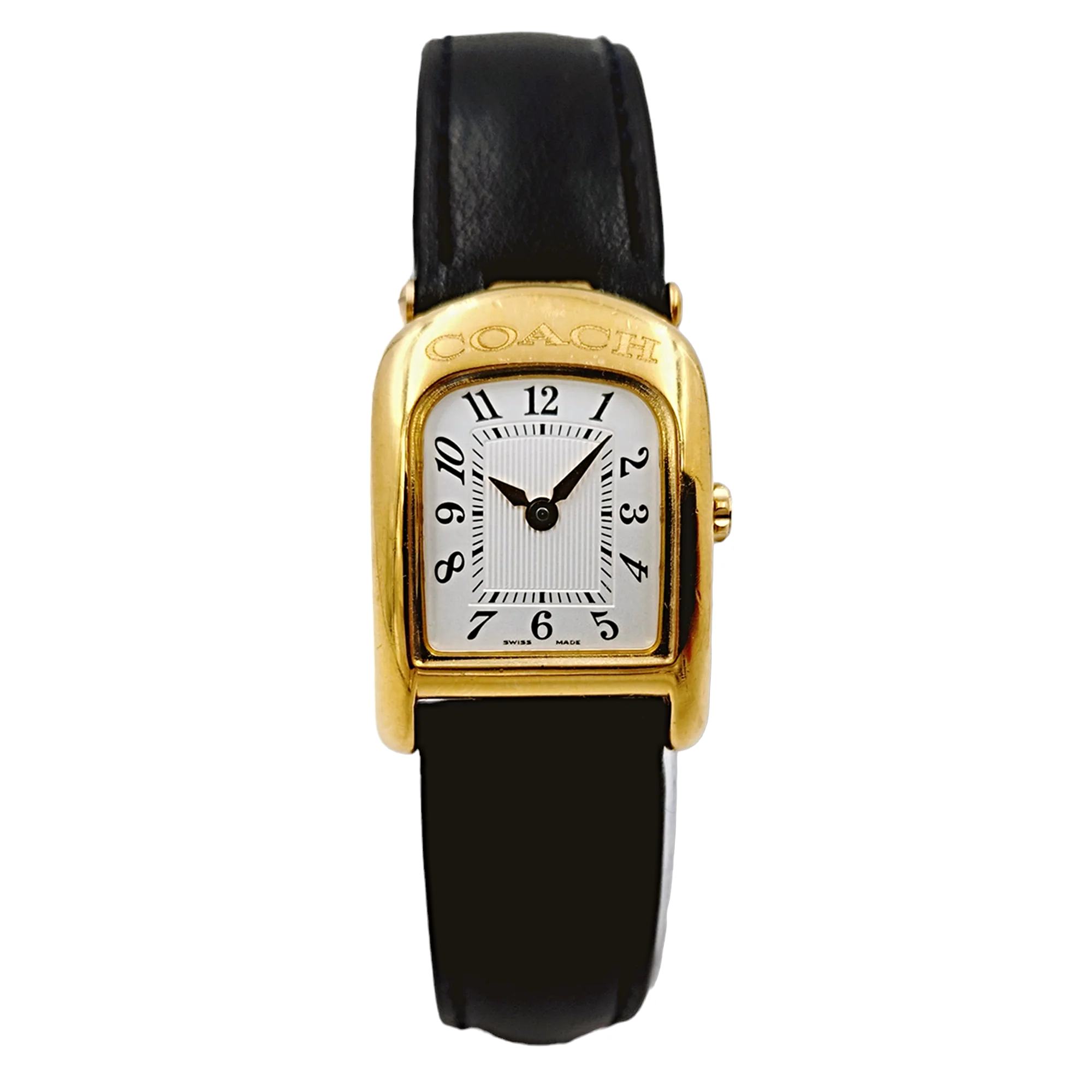 Ladies Coach 19mm Gold Plated Watch with Genuine Black Leather Band and White Dial. (NEW W301)