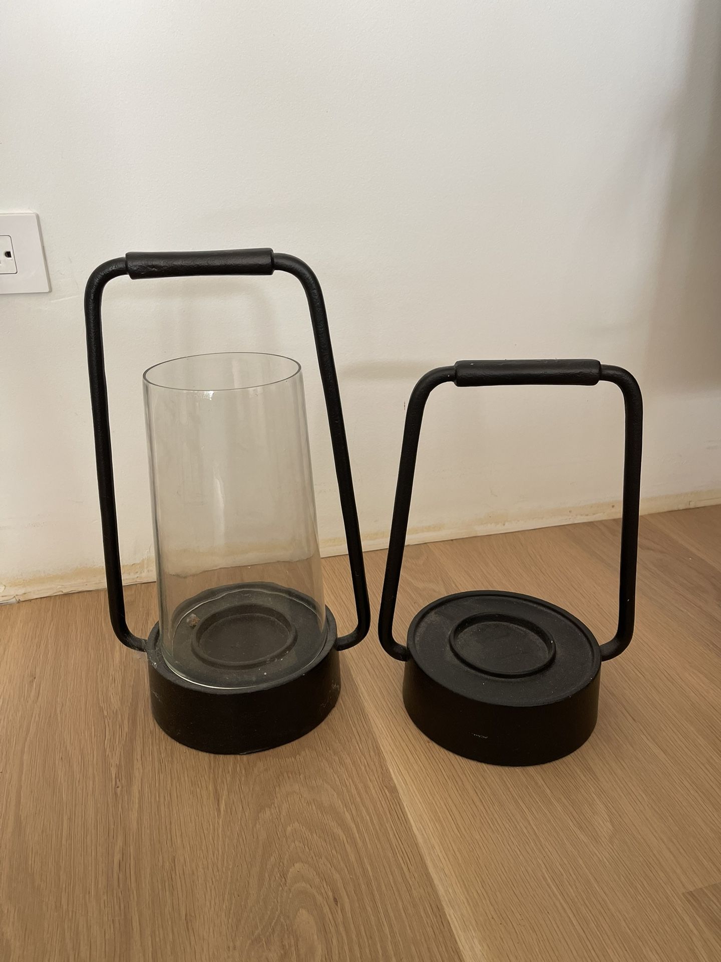 Pair Of Black Iron & Glass Hurricane Candle Holders