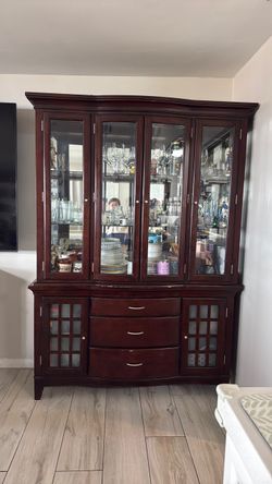 Dark Cherry Wood China Cabinet Hutch