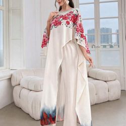 Floral Print Batwing Sleeve Top & Wide Leg Pants 2 Pieces Set