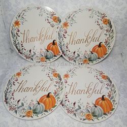Fall Thanksgiving “Thankful” Round Placemats Set Pumpkin Floral Cork Back 13.75"