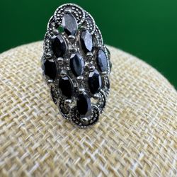 Vintage Silvertone Marcasite Black Stone Ring Size 7 Preowned