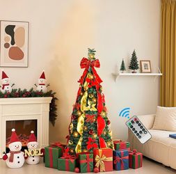 New in box 4ft Pop Up Prelit Artificial Christmas Tree with Remote Control, Collapsible Christmas Tree Pre-Decorated Red&Gold Decorations, Pre-Lit War