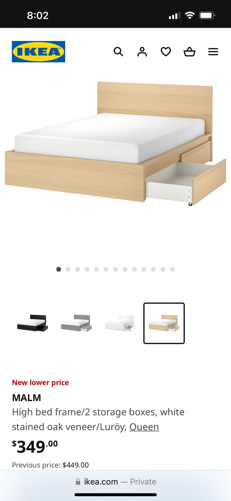 Queen IKEA MALM High bed frame/2 storage boxes