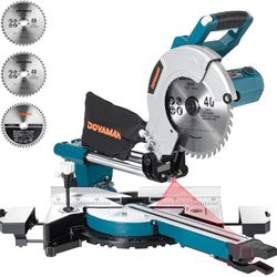 Updated 10-Inch Sliding Miter Saw, Multi-Material Cutting w/ 3 x TCT Blades, Ambidextrous Operation, 5000/3200RPM Speed, Laser Guide, 0-45° Bevel Cut,
