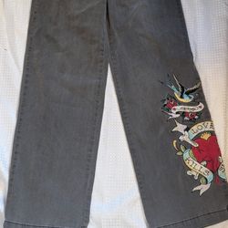 Ed Hardy Gray Baggy Jeans With Embroidery 
