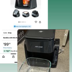 2-in-1 Glass Air Fryer & Grill Combo, 4.2 QT + 1.3 QT Capacity, 7 Digital Presets, Small, Non-Toxic See-Through Glass Bowl, Low-Oil Healthy Cooking, E