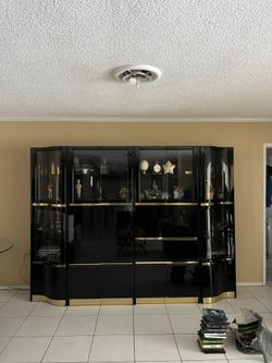 Vintage Black Lacquer Display Cabinet / Wall Unit