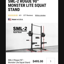 Brand New Rogue Fitness SML-2 90” Monster Lite Squat Stand With Single 1.25” Pull-Up Bar