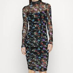 Delora ruched floral-print stretch-mesh turtleneck dress