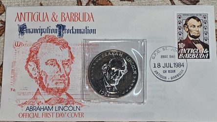 1984 Abraham Lincoln Commemorative First Day Cover Envelope Featuring a 1984 Antigua & Barbuda Lincoln Stamp And a Double Eagle 175th Anniversay Linco