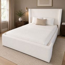 White Boucle Upholstered Bed Frame with Wingback Headboard